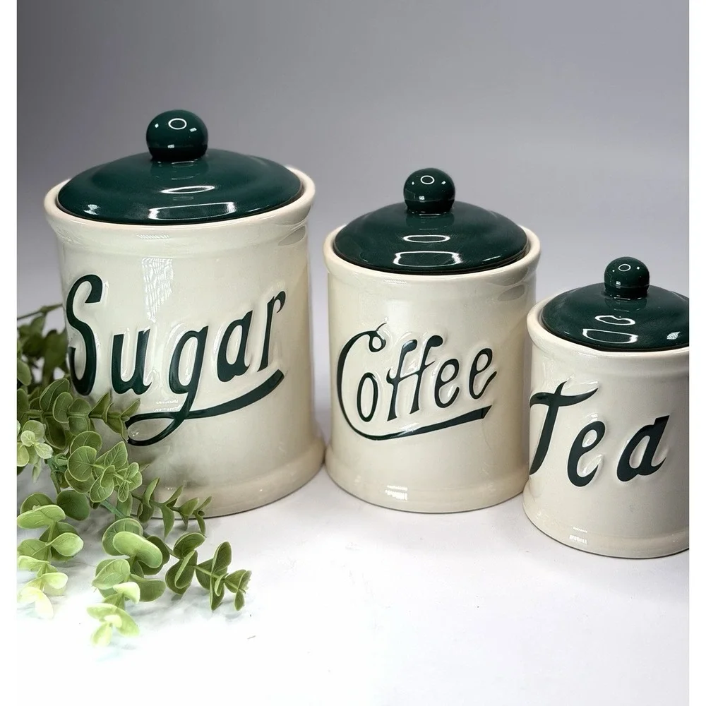 Vintage Himark Coffee Sugar & Tea Canister Set 3 Hunter Green Cream Taiwan